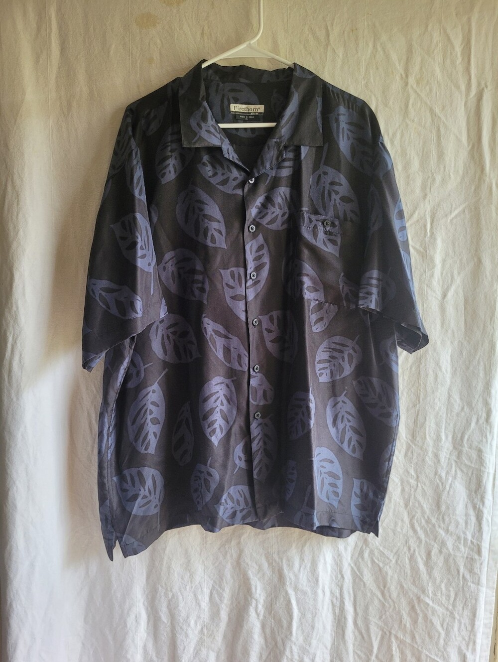 Vtg FIRETHORN SILVER Hawaiian Shirt 100% SILK Men's XL Monstera Print Black Blue